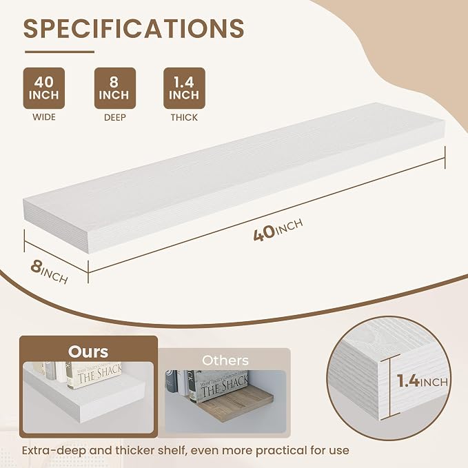 Dreamland Deep Floating Shelves, 8" Deep Long Shelves Set of 2, 40 Inches Floating Shelf for Wall,Large Display & Storage Shelf for Bathroom Bedroom Living Room Kitchen Office, White