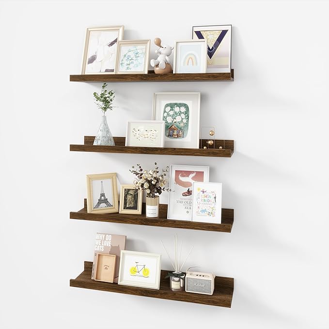 Acovy 24 inch Picture Ledge Shelf, Wood Floating Shelves Set of 4, Walnut | Photo Ledge, Wall Mounted, For Nursery Book Living Room Kids' Room Bedroom