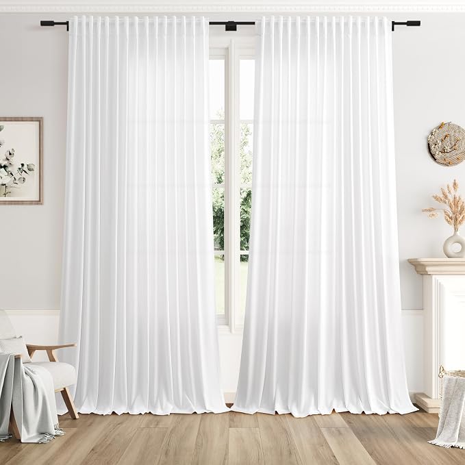 White Large Window Curtains Light Filtering Semi Sheer Privacy Linen Textured Curtain for Patio Sliding Glass Door Extra Wide Rustic Farmhouse Drapes for Living Room Bedroom Sunroom 100x90 Inch