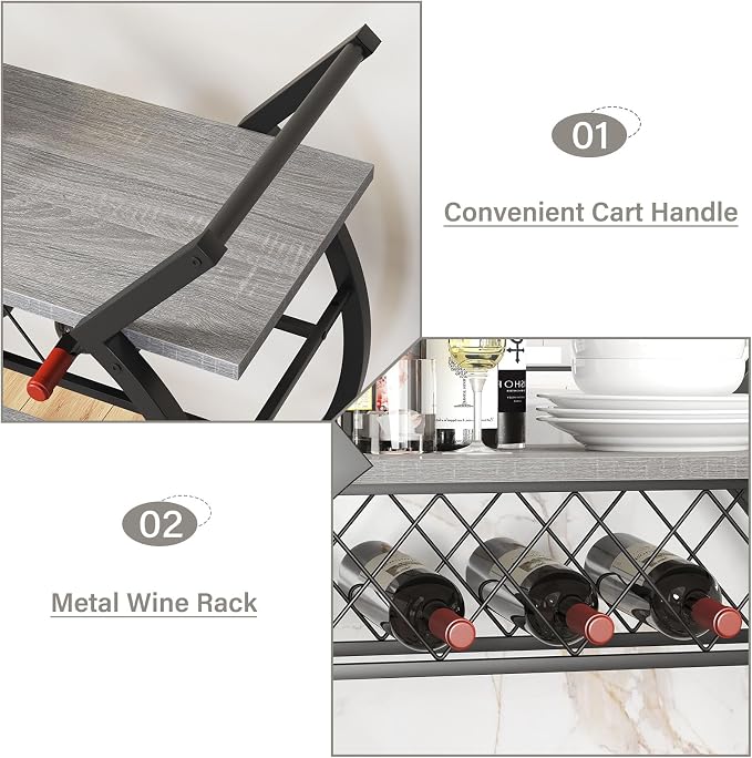 LVB Bar Cart with Wine Rack, 2 Tier Farmhouse Kitchen Cart on Wheels, Modern Wood and Metal Portable Coffee Cart Table for Home, Utility Industrial Mobile Serving Cart with Storage Shelf, Grey Oak