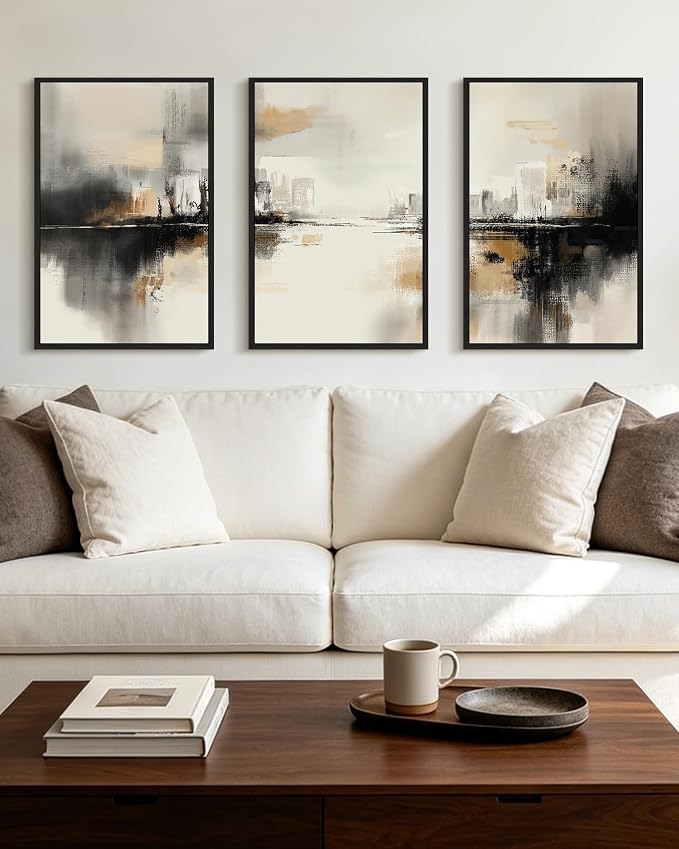 PHOPAGO Black Gray Abstract Landscape Framed Wall Art Large 16x24in Brown Tan Neutral Wall Decor Minimalist Modern Illustrations Prints Bedroom Home Decor - Black Framed
