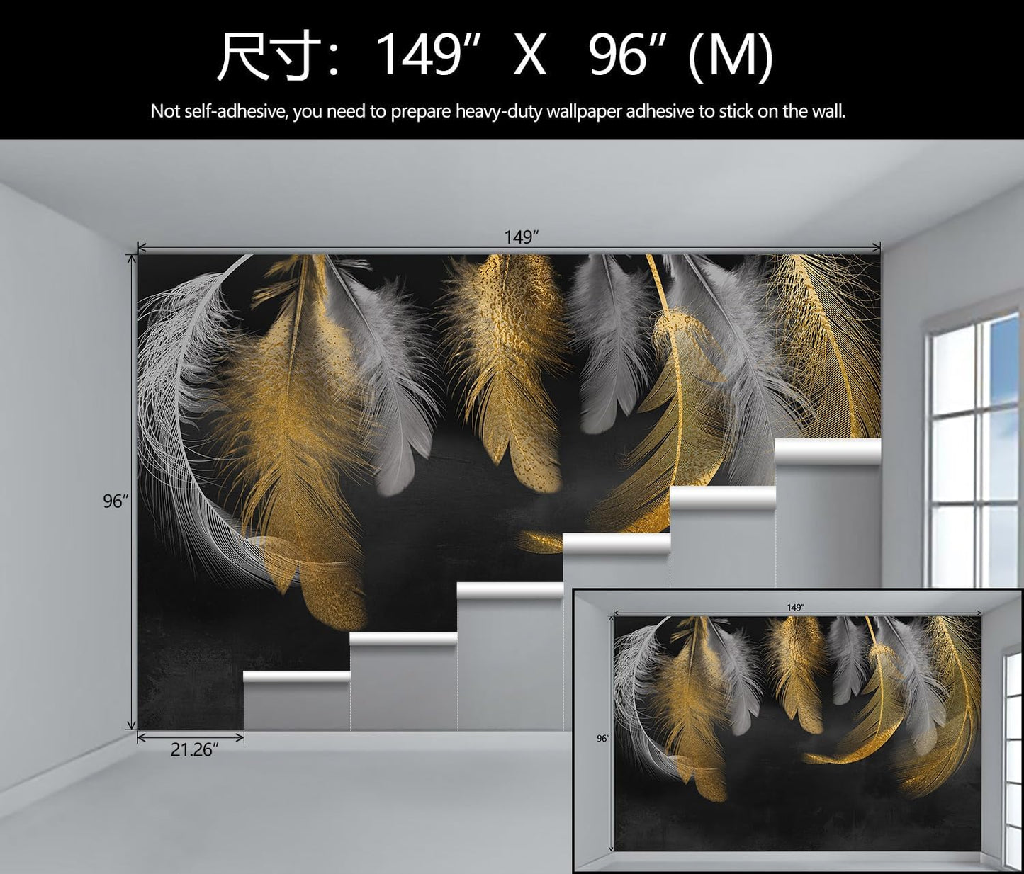 WFBHUA-Modern Gold Feather Wallpaper Large Art Dark Background Wall Mural for Living Room Bedroom (Not Peel and Stick)