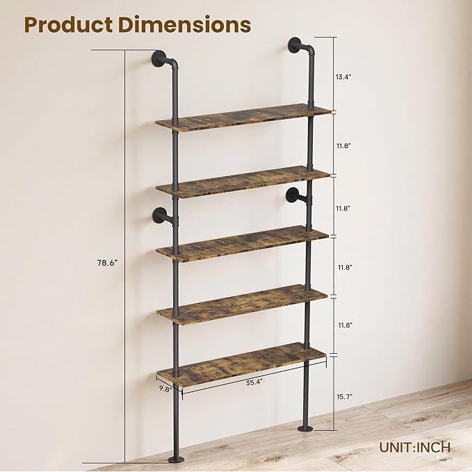 Merapi Rustic Industrial Bookshelf, 78.6" Tall 5-Tier Storage Shelf with Solid Wood & Metal Frame, 9.8" D x 35.4" W for Living Room, Office, Bedroom Farmhouse Display