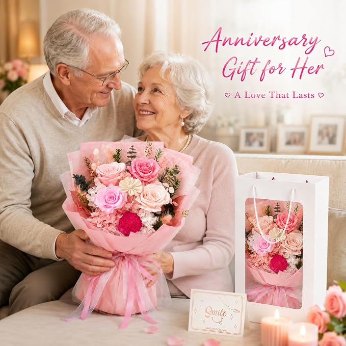 Pink Preserved Flowers Bouquet, Eternal Real Flower for Women Real Roses That Last 3 Years Handmade Floral Arrangement for Mother's Day Birthday Gifts Anniversary Surprise for Mom Women Her
