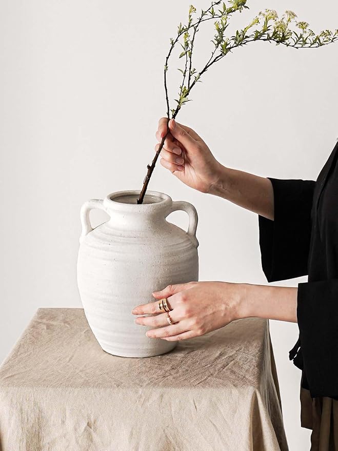 Large White Ceramic Vase - 9.5 Inch Rustic Farmhouse Flower Vase with Handles for Home Decor, Vintage Tall Vase for Living Room, Table, Bathroom, Holiday & Weddings (Sandstone White)