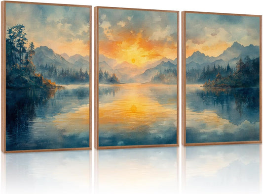 KAlRNE Sunset Mountain Canvas Wall Art,Abstract Scenery Wall Painting,Blue Landscape Lake Pictures,Watercolor Mountains Forests Art Prints For Living Room Bedroom Office Decoration - Framed 16X24 Inch