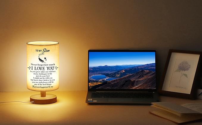 WSYEAR Gifts for Son from Mom Dad- Son Gifts from Mom Fabric Wooden Desk Lamp Gifts for Adult Son Graduation Gifts, to My Son Birthday Gifts