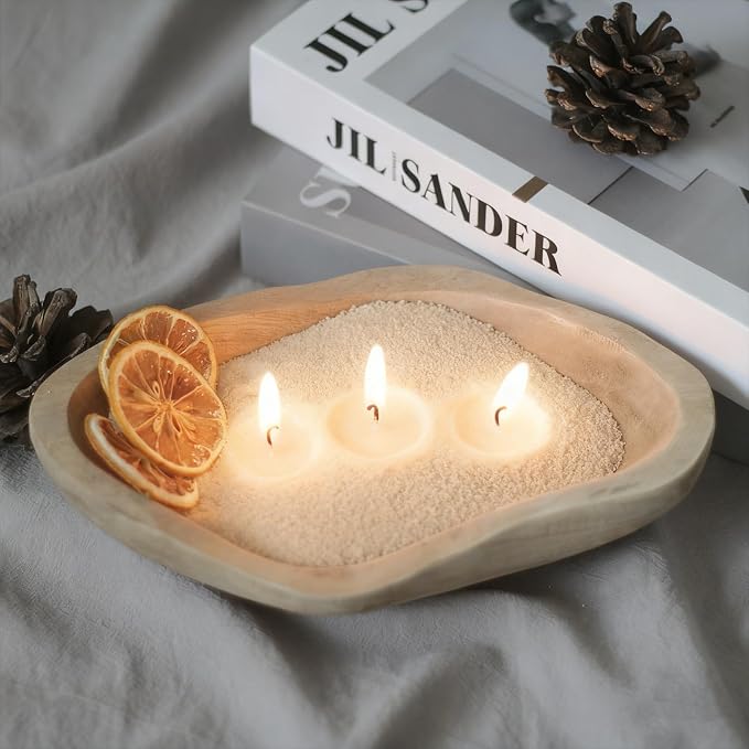 GrusoSP Reusable Wooden Dough Bowl Candle with 18 Oz Pearled Candle Sand and 30 Wicks Unscented Palm Sand Wax Refillable Powder Candles DIY Wax Making Kit (Nude)