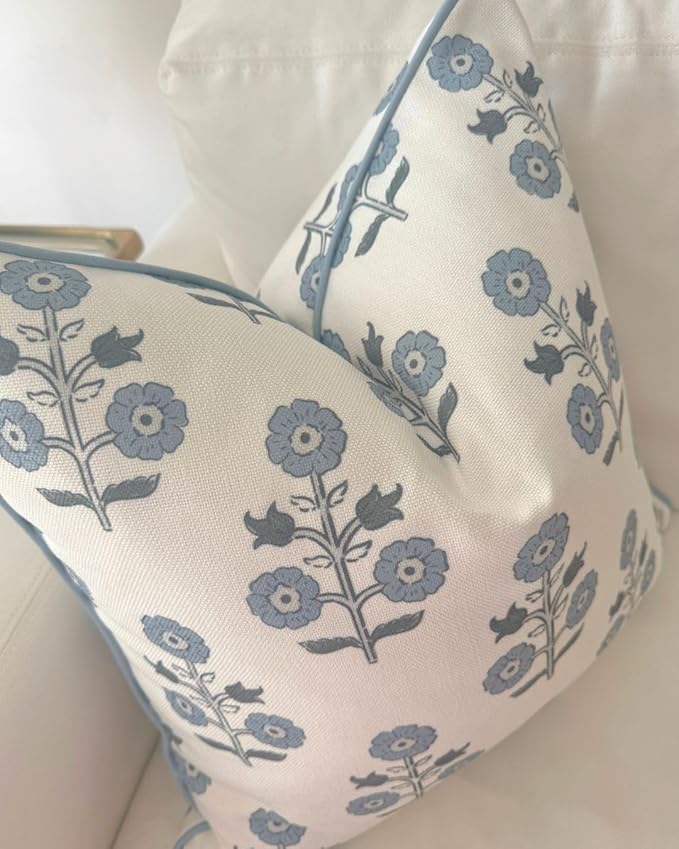 Jillien Harbor "The Stella” Floral Block Print Pillow Cover – Blue & White Decorative Throw Pillow Cover with White Background – Grandmillennial Home Decor, 20" x 20"