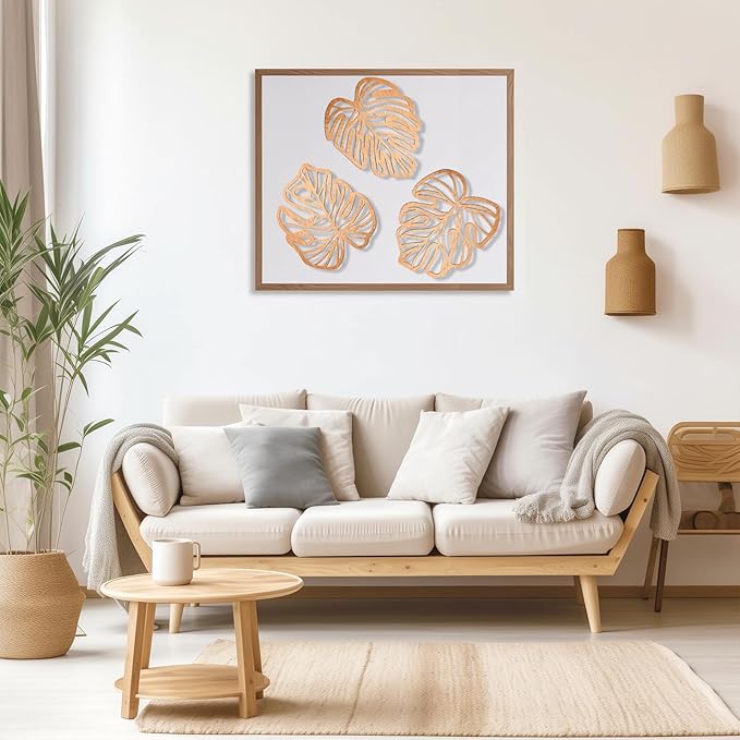 Palm Leaves Wood Wall Decor , 3Pcs Tropical Wall Art Jungle Decor, Wooden Natural Leaves Plant Wall Decor, Vintage Tropical Plant Plaque for Home Living Room Kitchen Bedroom Bathroom & Garden, Light Brown