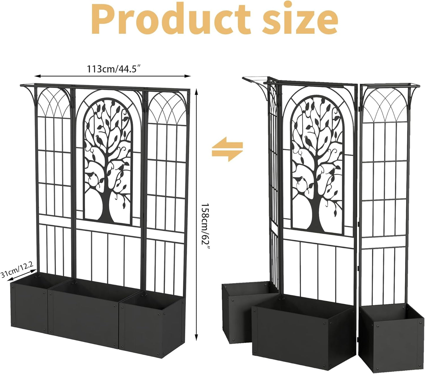 Metal Planter Box with Trellis, Outdoor Raised Garden Bed with Privacy Screen, Trellis Planter Boxes for Climbing Plants, Vines, Vegetables, Flowers, 62 Inch Tall, Patio Decor (Black)
