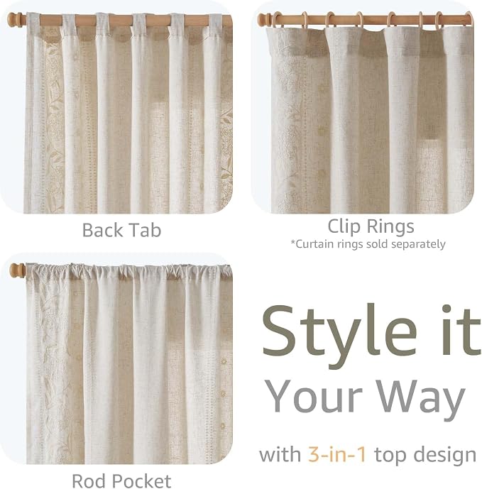 jinchan Winslow Linen Curtains for Bedroom 108 Inches Length Embroidered Bordered Floral Curtains for Living Room Farmhouse Decor Light Filtering Window Treatments Ivory on Beige Drapes 2 Panels