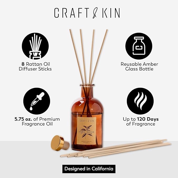 Craft & Kin Sage, Orange Blossom & Lotus Reed Diffuser | All Natural Essential Oil & 8 Rattan Scent Sticks | Reed Diffusers for Home, Bathroom | Long Lasting Home Fragrance in Amber Glass, 5.75oz