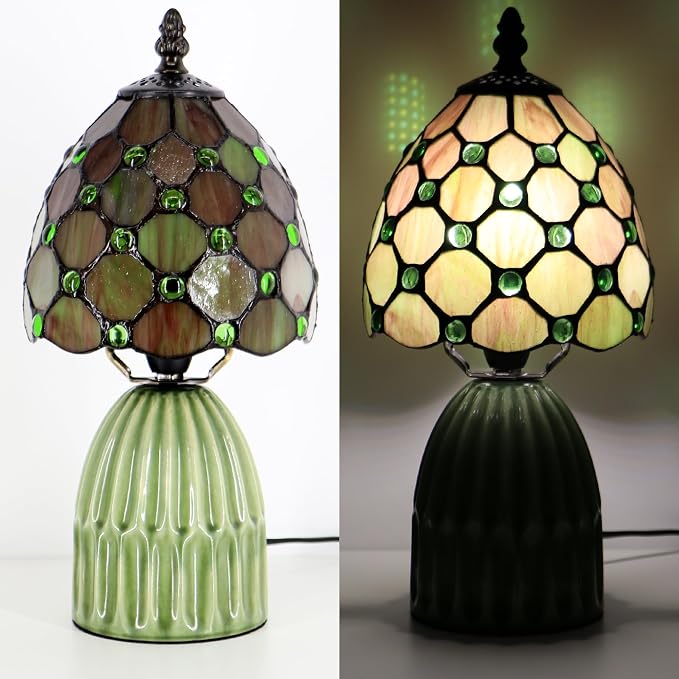 Tiffany Stained Glass Mushroom Table Lamp 12.5 Inch -Amber Pearl | Tiffany Lamp,6X6X12.5 Inch,Small Night Light,Ceramic Base, Mini Accent Light Suitable,Bedside,Bedroom, Children Room,Antique