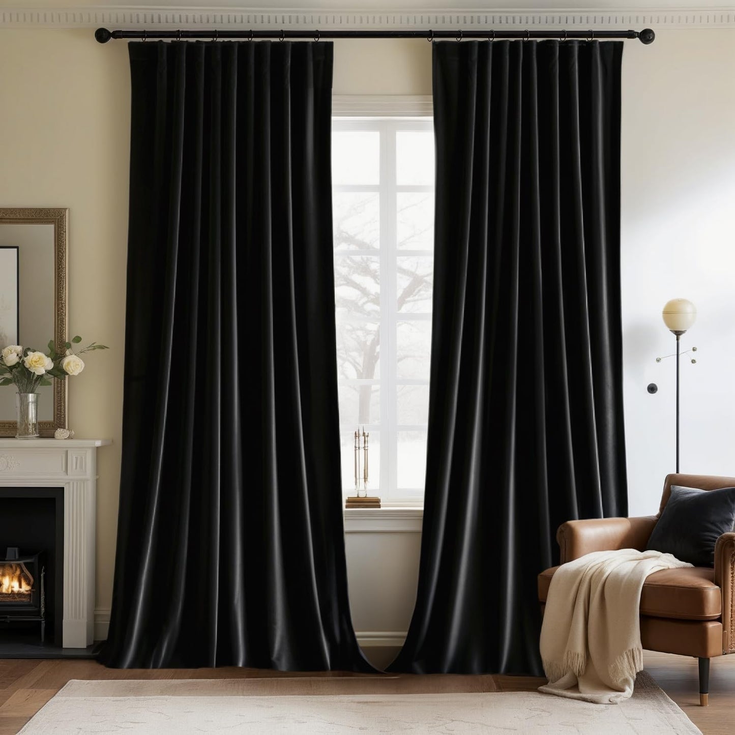 MIULEE Black Velvet Curtains 84 inches Long 2 Panels - Luxury Pinch Pleated Room Darkening Window Drapes for Bedroom Living Room Thermal Insulated Super Soft Blackout, Back Tab Rod Pocket