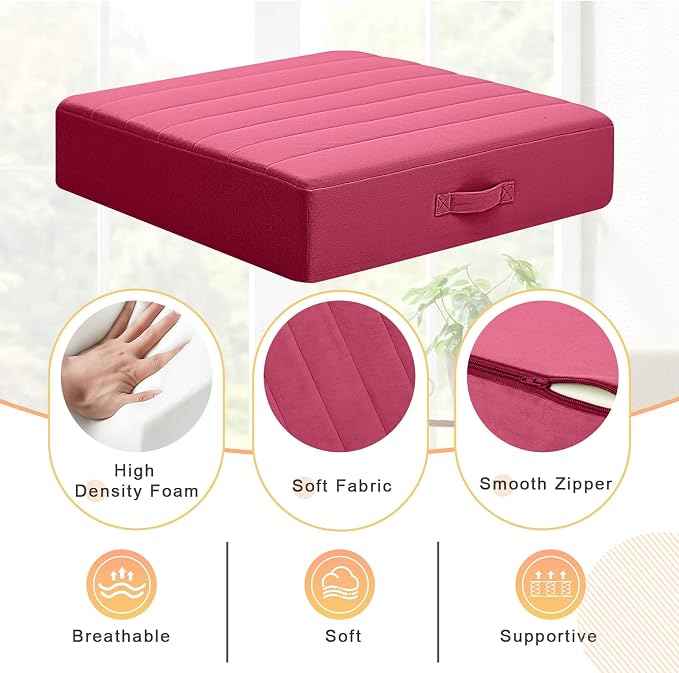 MeMoreCool Square Floor Pillow Seating for Adults Kids, Large Meditation Cushion Floor Pillow with Thick Foam & Soft Tufted Cover, Washable Big Pillow Seat Floor Cushion for Sitting Yoga 24" Wine