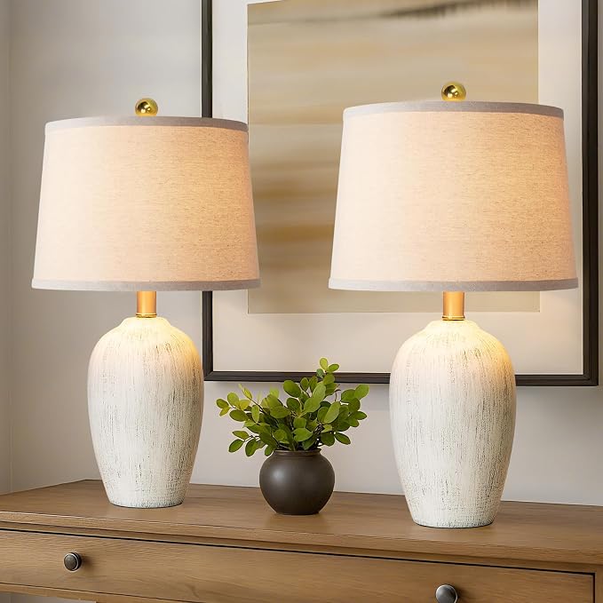 AIEAMPDO 21'' Set of 2 Rustic Ceramic Small Table Lamps for Living Room Bedroom, Farmhouse Vintage Nightstand Lamps for Office Entryway End Table, 2 Bulbs Included