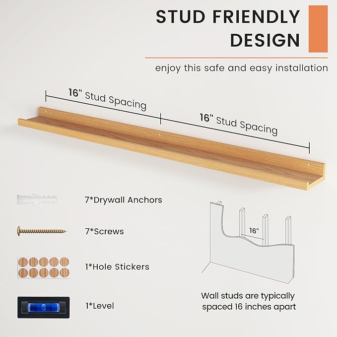 Picture Ledge Shelf, Floating Shelves Set of 2, 48 Inches Long Large Nursery Book Shelves for Toys Storage, Kids Bookshelf Wall Mounted for Living Room Bedroom Decor Books Photo Frames, Natural Oak