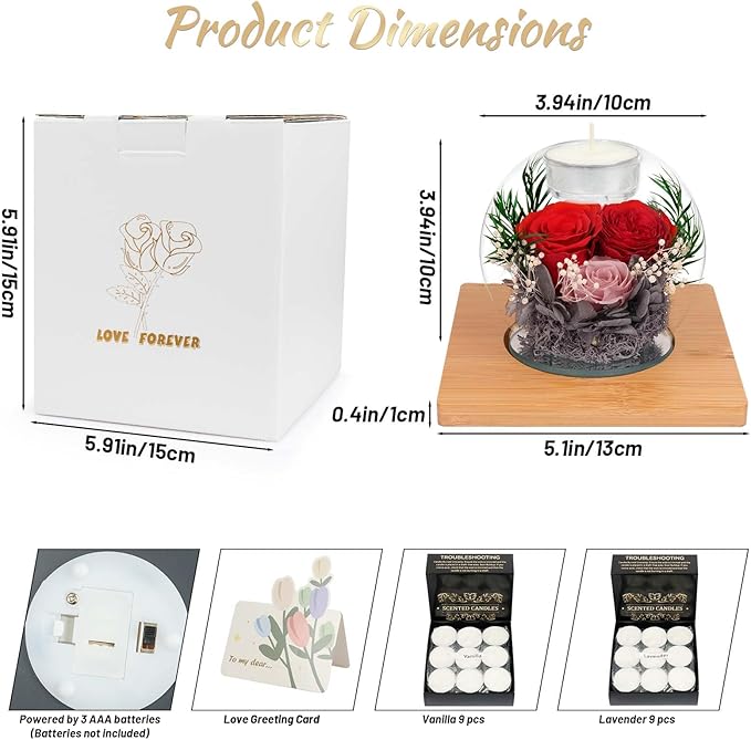 ENERLEAF Preserved Red Real Rose in Glass with Scented Candles–Forever Flower Romantic Anniversary Mothers Day Christmas Birthday Valentines Day Gifts for Her, Women, Wife, Girlfriend, Mom, Grandma