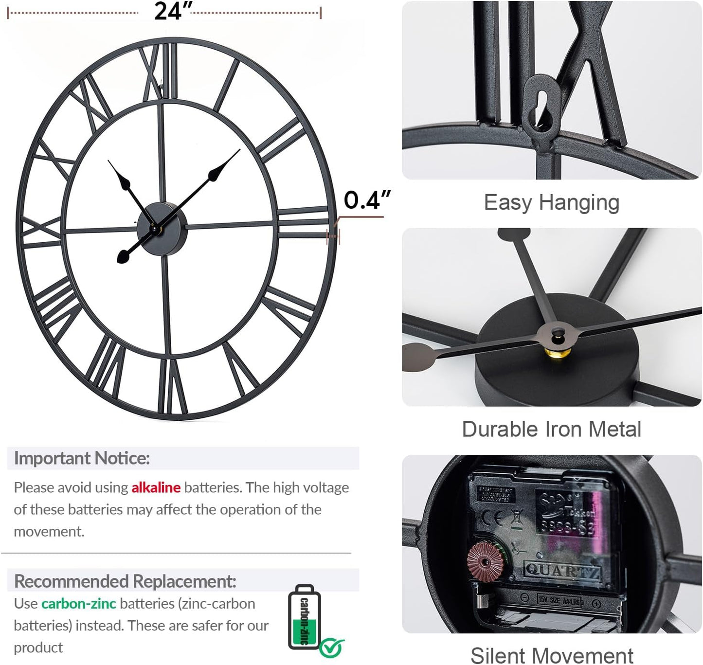 Large Wall Clock for Living Room Decor – 24 Inch Silent Non-Ticking Modern Farmhouse Wall Clock, Oversized Decorative Metal Roman Numeral Clock, Black