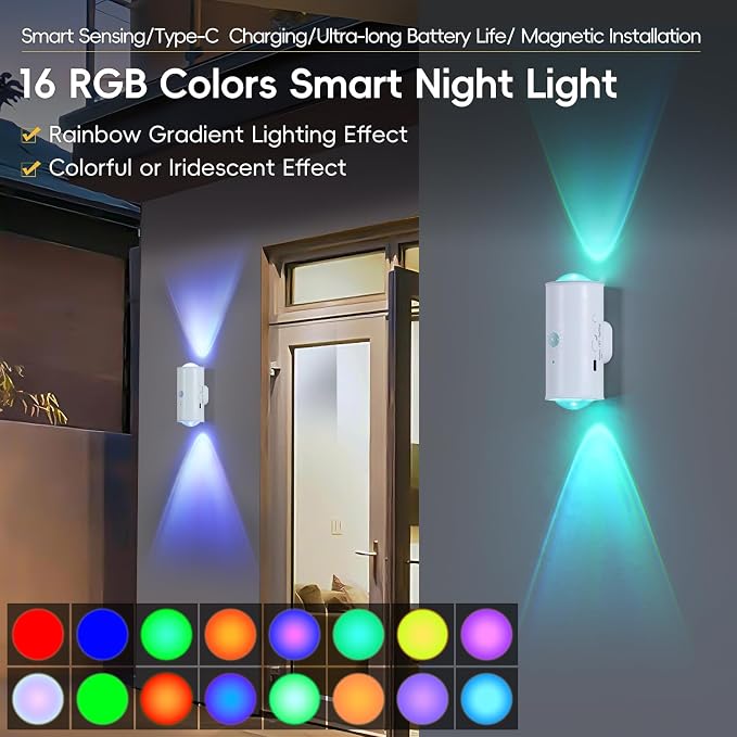 LED Wireless Wall Sconce with Remote, 16 Colors Changing, Motion Sensor Light Indoor, Dimmable, 1500mAh Rechargeable Battery Operated Wall Sconces for Hallway, Stair, Bathroom, Bedroom