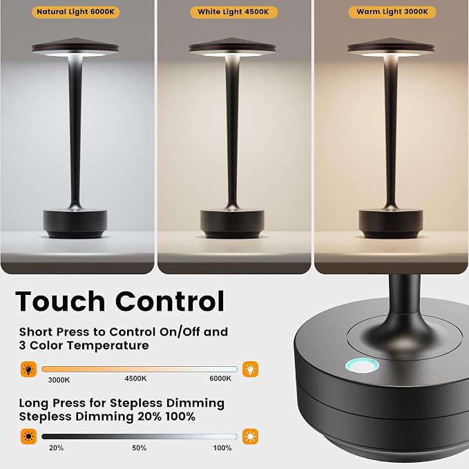 Cordless Table Lamps,6000mAh Rechargeable Battery,Portable LED Lamp with 60H Runtime,3 Color Modes&Stepless Dimming,Waterproof Metal Lamp for Patio,Restaurant Bedroom Dining Black