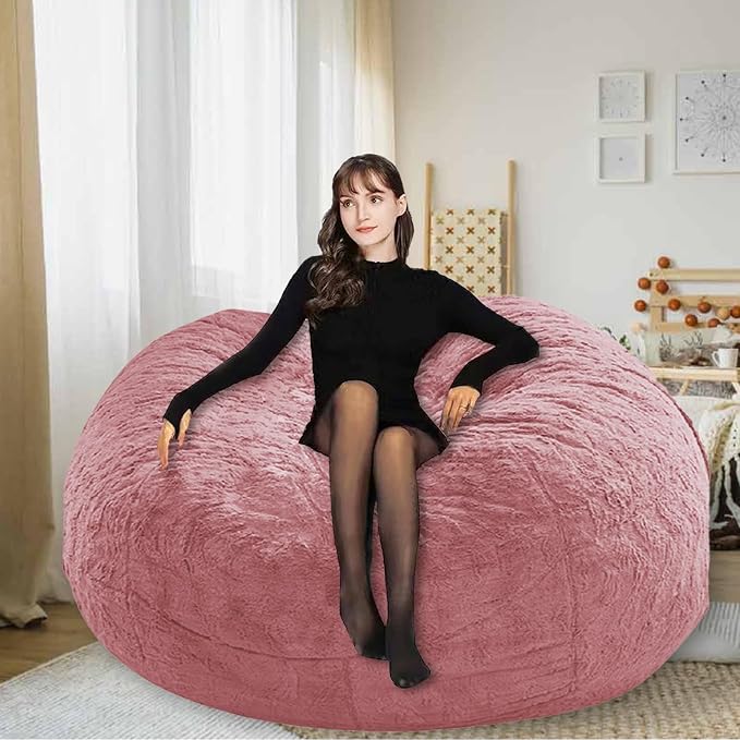 BCU Bean Bag Cover Comfy Beanbag Chair for Adults Without Filler Faux Fur Floor Chair Lazy Sofa Cover Comfy for Living Room Chairs, Powder Pink, 3.5FT