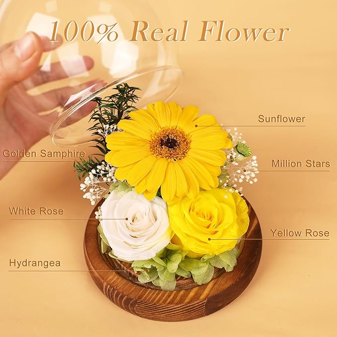 FIACO Sunflower Gifts for Women Valentines Day Preserved Forever Eternal Flower Rose in Glass Fresh Flowers for Delivery Mothers Day Birthday Gift for Mom Grandma Sister Wife Her Girlfriend Decor