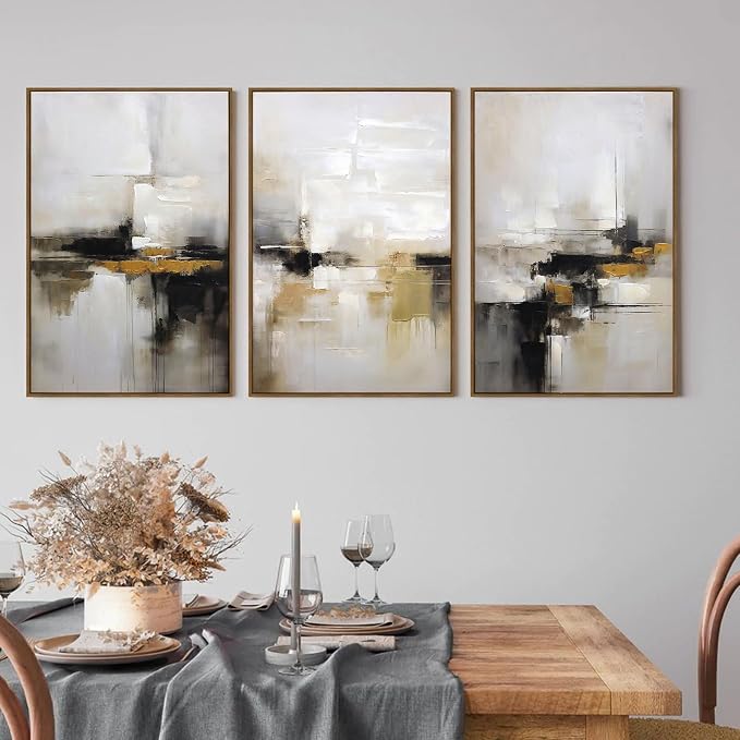 Abstract Neutral Wall Art Black and Brown Grunge Framed Mid Century Modern Wabi Sabi Textured Canvas Painting Artwork for Living Room Bedroom Office- 3 Panels, 16x24 Inch, Ready to Hang