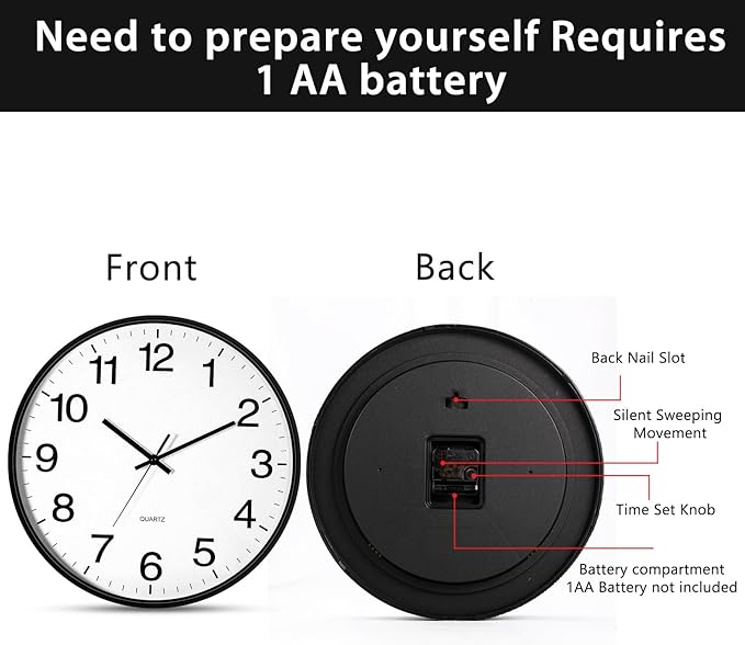 Inbagi 8 Pcs Wall Clock Large Silent Battery Operated Wall Clocks Modern Non Ticking Clocks Bulk Decorative for Kitchen Office Living Room Home Bathroom Bedroom Classroom (Black,14 Inch)