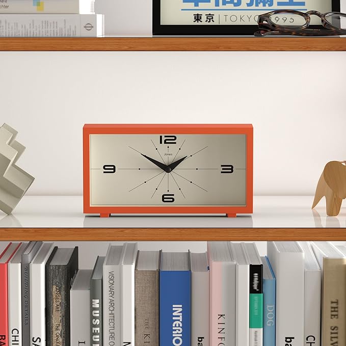 JONES CLOCKS® Odeon Desk Clock | Modern Rectangular Design | Orange | Stylish Retro Look for Shelf, Table, Mantel or Bedside
