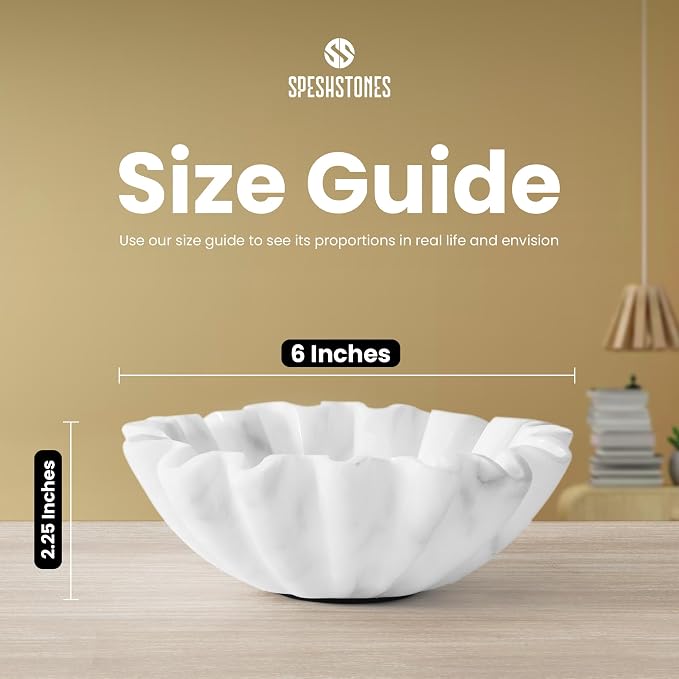Marble Small Decorative Bowl 6 Inch Handmade White Ruffle Bowl, Scalloped Bowls for Table Centerpieces & Housewarming Gifts, Fluted Ring Dish, Fruit & Key Bowl for Entry Table