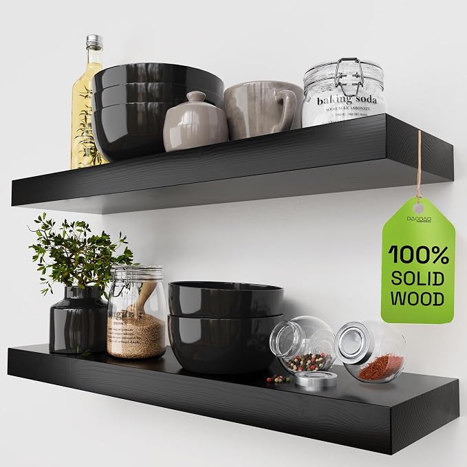 Solid Wood Floating Shelves for Wall 24 inch Black, Wooden Bathroom Shelf | Real Wood, Wall Mounted, Heavy Duty, Bedroom Kitchen Living Room, Black Finish, 24W x 6.7D, Set of 2