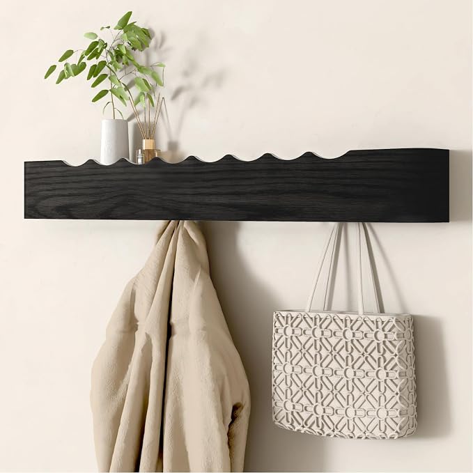 Wall Mounted Coat Rack with Shelf, Wooden Entryway Organizer with Hidden Metal Hooks for Hanging Coats Bags Keys, Modern Floating Shelf for Hallway Bathroom