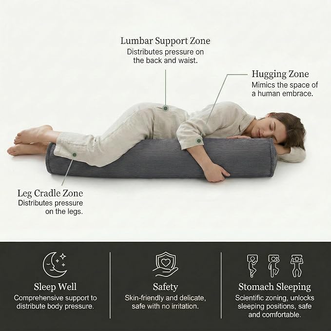 Corduroy Body Pillow for Side Sleepers, Cozy Cylinder Bolster Pillow for Sleeping, Bed & Sofa Lounging, Soft Hugging Support Pillow, 39 x 7.87 Inches, Dark Grey