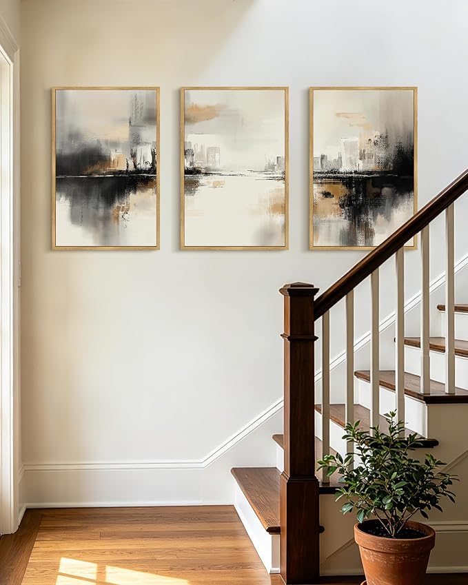 PHOPAGO Black Gray Abstract Landscape Framed Wall Art Large 16x24in Brown Tan Neutral Wall Decor Minimalist Modern Illustrations Prints Bedroom Home Decor - Natural Framed