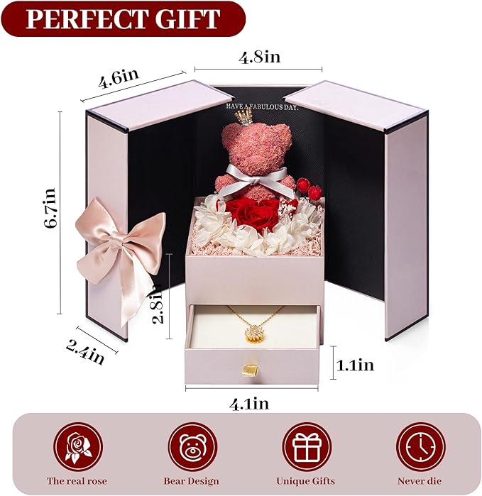 Gifts for Mom Wife Women Preserved Real Red Rose with Rotating Sunflower Pandent Necklace&Cute Pink Bear Birthday Gift Box for Mama Girlfriend Wife Her Grandma Anniversary Valentines Day