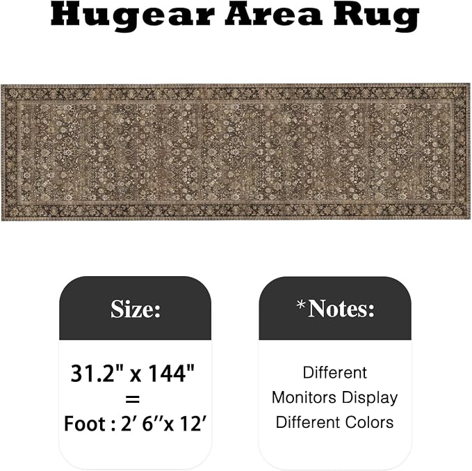 HUGEAR 2'6''x12 Runner Rug Machine Washable Brown Hallway Area Rug Indoor Accent Rug Floral Low Pile Carpet Soft Throw Rug Bedroom Living Room Office Dining Room Kitchen Laundry Room Non Slip