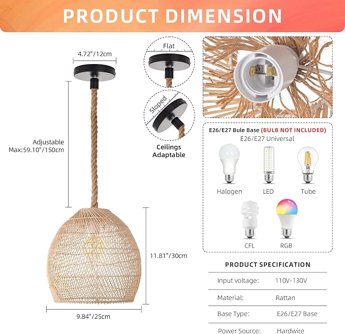 Arturesthome Mini Natural Rattan Pendant Light for Kitchen Island, Woven Lamp Shade Chandelier, Handmade Hanging Ceiling Light Lampshade, Rope Lamp D 9.8inx10.6in