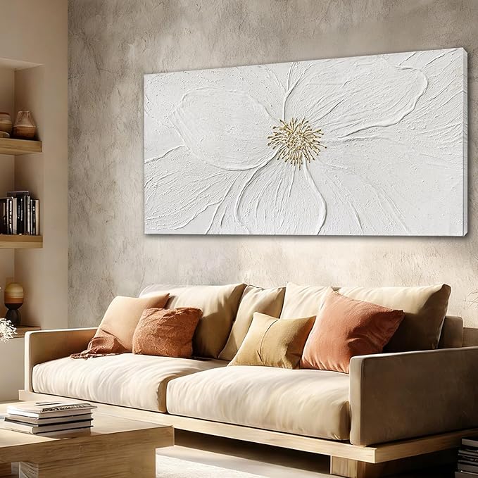 Elegant Floral Abstract Wall Art, Hand Painted Textured Canvas in Soft Ivory and Warm Neutral Tones with Subtle Gold Detail, Modern Wall Decor for Living Room or Bedroom, Ready to Hang, 24×48 Inch
