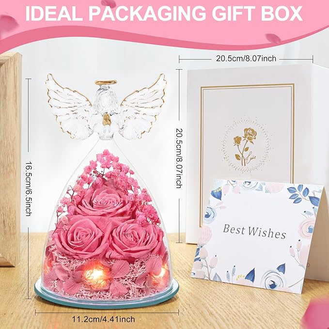Flowers for Delivery Birthday Gifts for Women Gifts for Mom Grandma Mothers Day Fresh Preserved Flowers Forever Real Roses in Glass Angel Figurines Anniversary Present for Wife Her Friends Daughter
