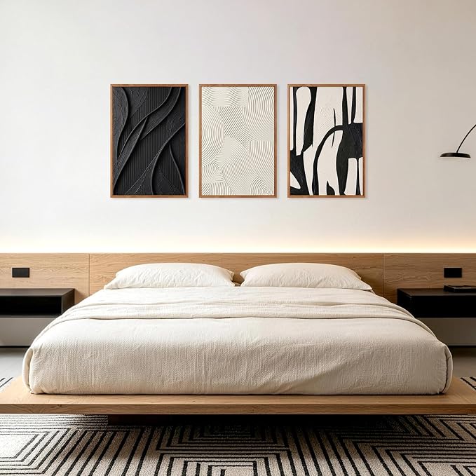 CHDITB 3D Impasto Relief Framed Canvas Wall Art Set, Black White Abstract Curve Geometric Minimalist Wall Decor, Modern Textured Art Prints for Living Room Hallway Bedroom Home Wall Decor 16"x24"x3