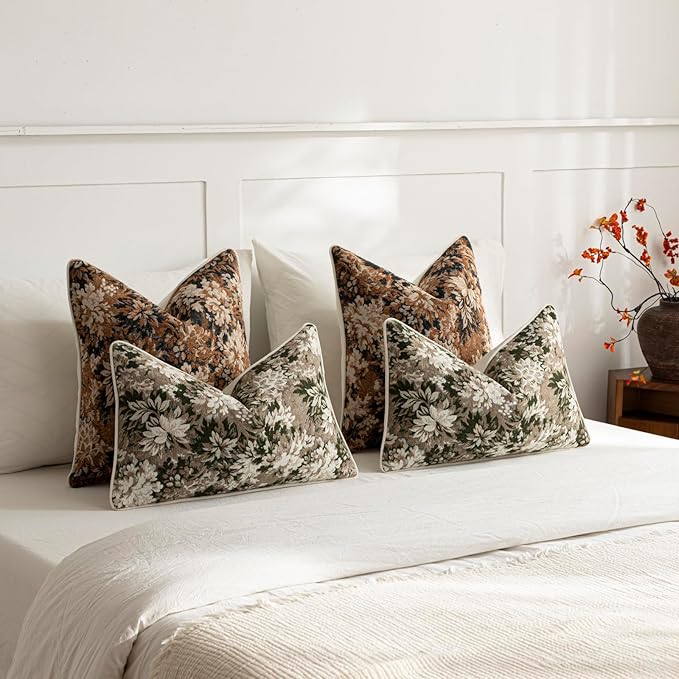 DEZENE Pack of 2 Vintage Floral Pillow Covers 12x20 Boho Farmhouse Accents Chenille Rectangular Lumbar Decorative Throw Pillow Cases for Living Room Couch Bed Home Decor, Green and Taupe