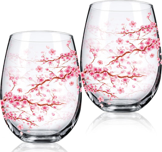 Sliner 2 Pack 17oz Cherry Blossom Stemless Wine Glasses Floral Drinking Glasses Cherry Blossom Tumbler Cups for Women Birthday Anniversary Gift Parties Supplies