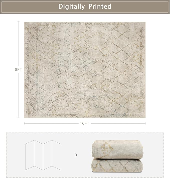 Srugn Washable Rugs 8x10 Area Rugs for Living Room,Bedroom,Dining Room- Large Ultra Soft Faux Wool Retro Carpet,Non Slip&Non-Shedding Low Pile Morocco Rug for Home Office Dorm Decor(Camel-Blue-Orange)