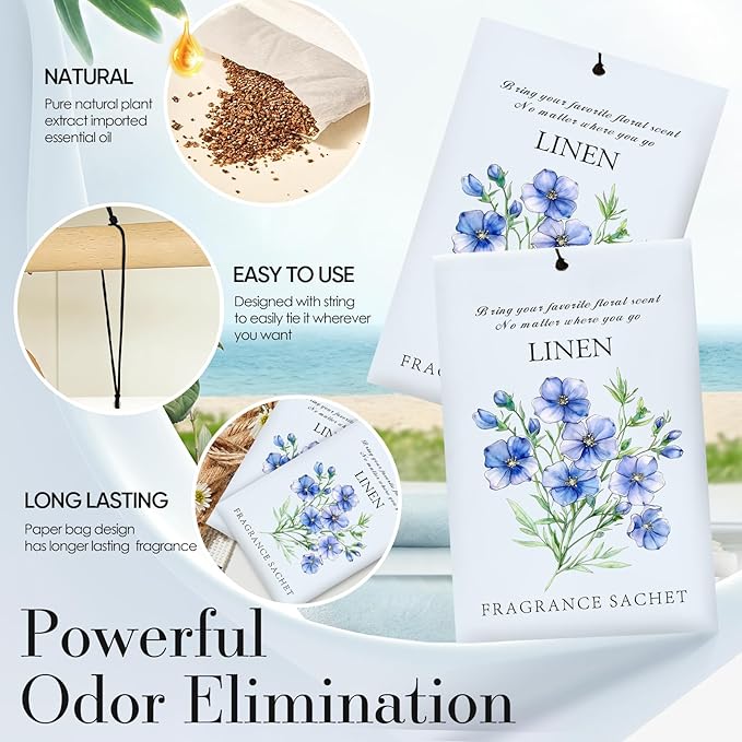 Linen Scented Sachet Bags - 12 Pack Drawer & Closet Freshener, Long Lasting Odor Eliminator for Wardrobes, Cars & Storage, Home Fragrance Air Freshener Sachets
