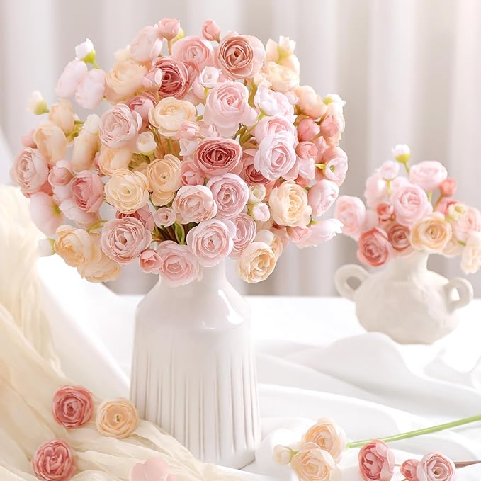Alupssuc 30Pcs Ranunculus Artificial Flowers Faux Silk Mini Ranunculus, Artificial Flowers Indoor for DIY Bouquets, Bulk Fake Wedding Filler Flowers for Bride Decorations, DustyRose&Cream&ShabbyBlush