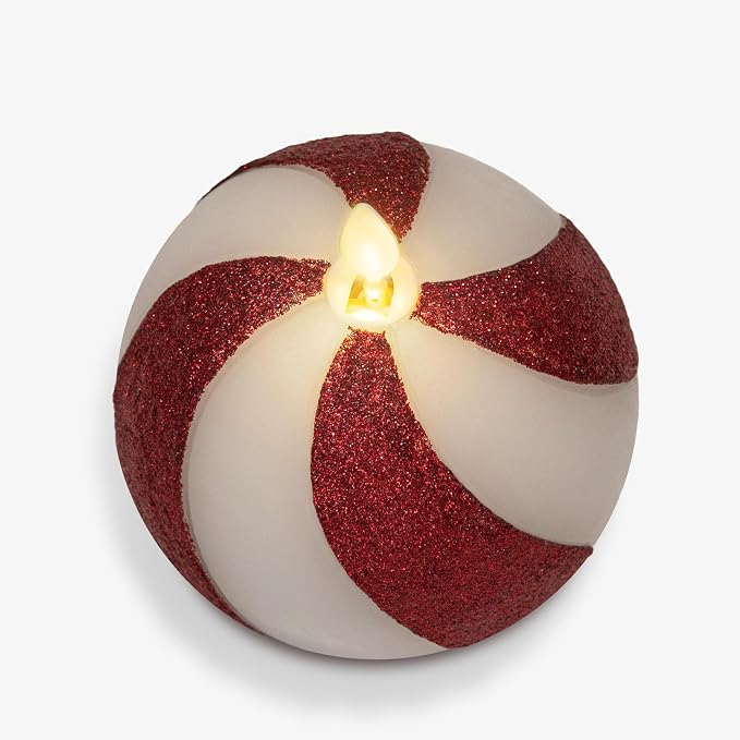 Luminara - Flameless Holiday Crystal Beads Glitter Sphere Candle - Candy Cane Red - Pack of 1-4x4.25 - Auto Timer Built-in 5-Hour Timer Indoor Use