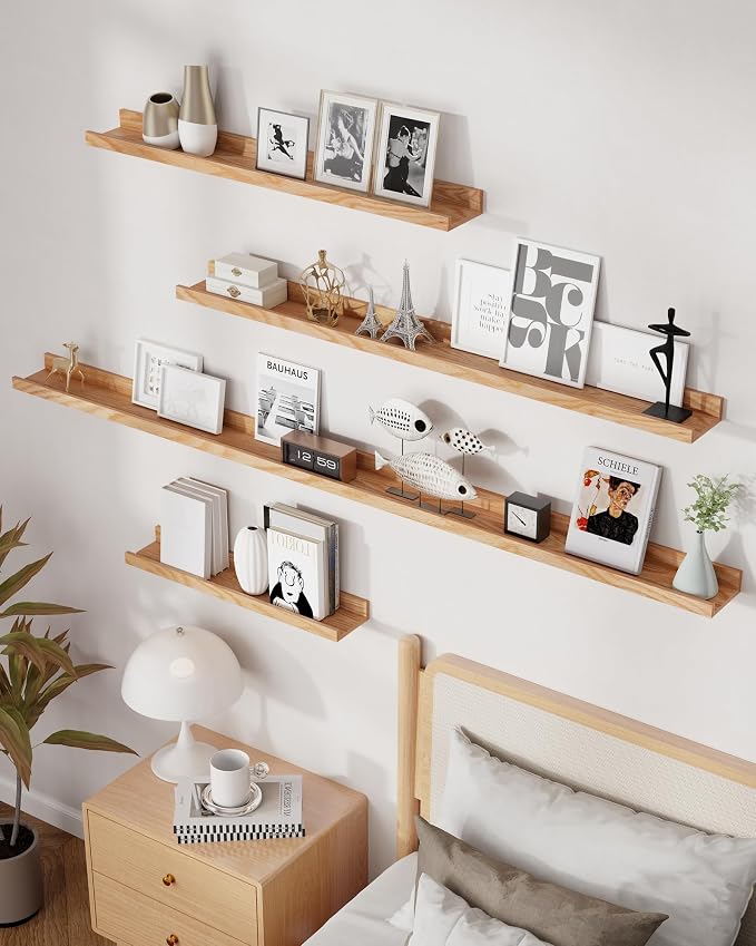 Axeman Oak Picture Ledge Shelf, 36 Inch Floating Shelves Set of 2, Solid Oak Wood Wall Shelves with Lip, Wall Decor Storage for Bedroom Living Room Bathroom Kitchen Nursery Photo Picture, Natural Oak