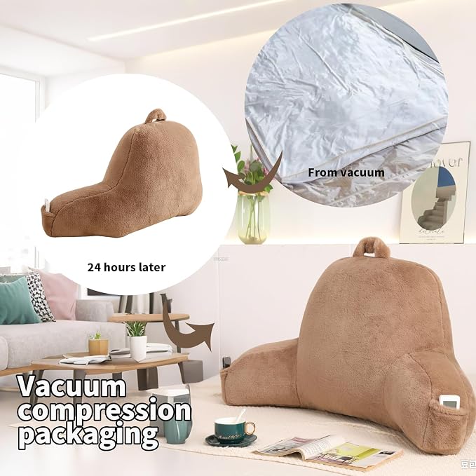 Large Plush Backrest Pillow for Sitting in Bed,Faux Fur,Khaki | 19" Back Pillow with Arms Supports Adults,College Students,Elbows & Forearms for Dorm Reading,Gaming,Watching TV